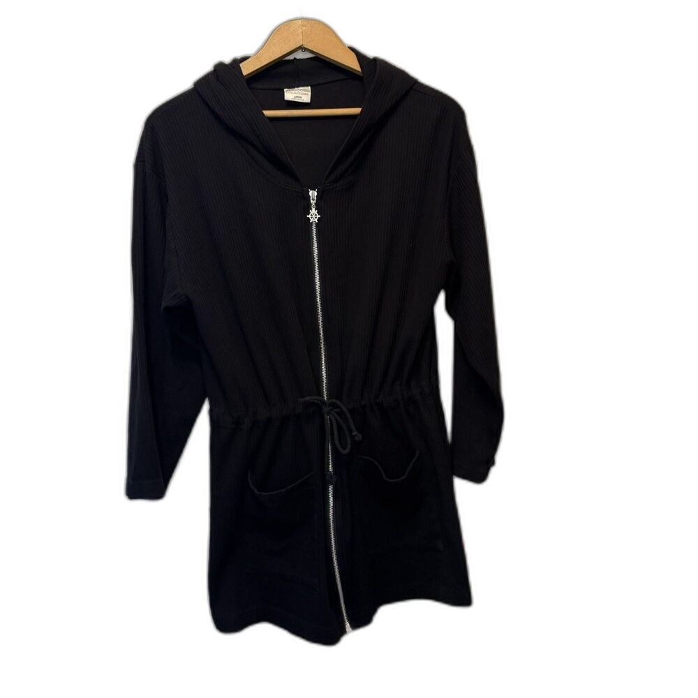 PB Collections Y2K Black Hooded Zip Front Cotton Cardigan Sweater Jacket L USA